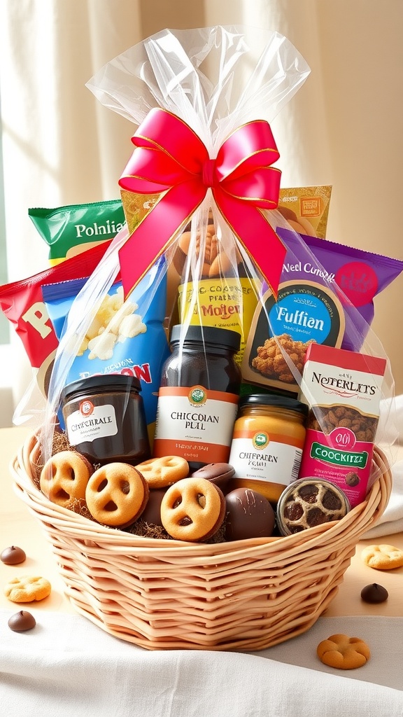 A colorful snack gift basket filled with popcorn, nuts, pretzels, cookies, and spreads, wrapped in cellophane with a ribbon.